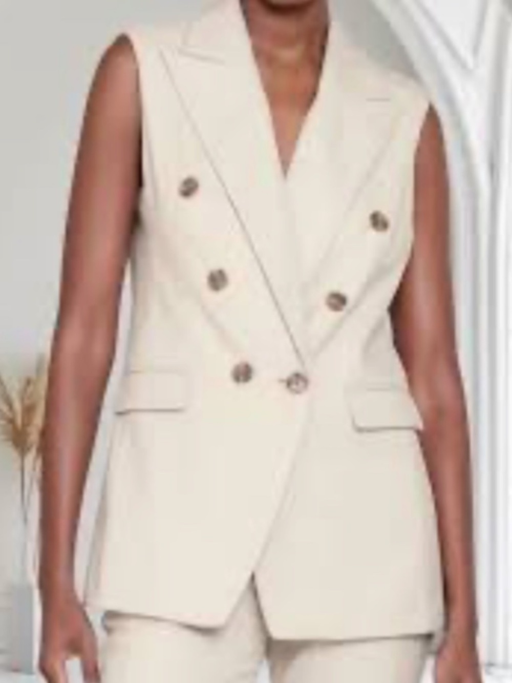 Vintage-inspired Banana Republic Double-Breasted Sleeveless Blazer (Beige)